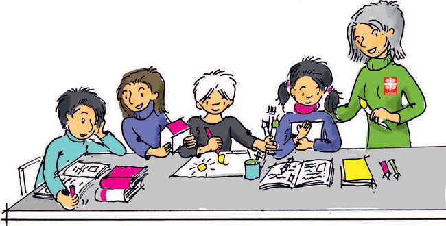 Illustration: Erzieherin mit vier Schülerinnen und Schülern am Tisch