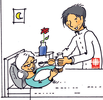 Illustration: Ein Kranken·pfleger gibt einer alten Frau Essen und trinken