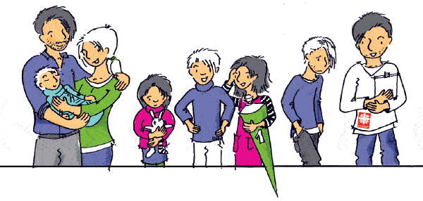 Illustration: Kinder und Erwachsene in verschiedenen Lebenslagen
