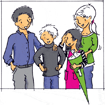 Illustration: Zwei Eltern und ihre zwei Kinder. Ein Kind hat eine Schultüte im Arm