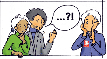 Illustration: Zwei Erwachsene, die einem Caritas-Mitarbeiter etwas erzählen und Fragen stellen. Der Mitabeiter zeigt an, dass er zuhört, aber nichts weitererzählen wird.