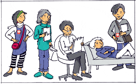 Illustration: Ein Mensch mit Sorgen auf einer Liege, und mehrere Menschen aus Psychologie und Medizin, die sich um die Person kümmern