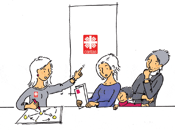 Illustration: Eine Familie erhält Lösungswege von einer Caritas-Mitarbeiterin gezeigt