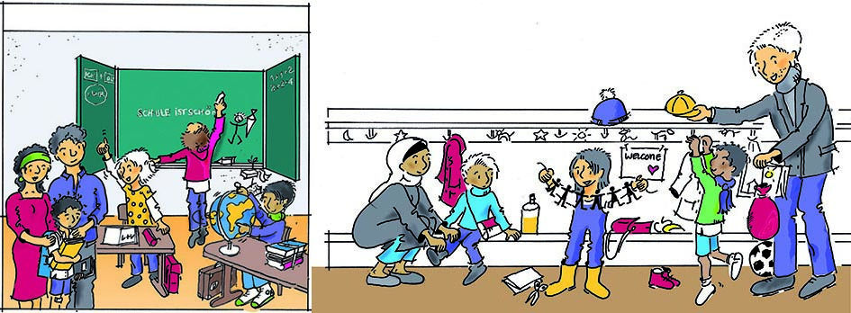 Illustration: Kinder in der Schule und Kinder im Kindergarten