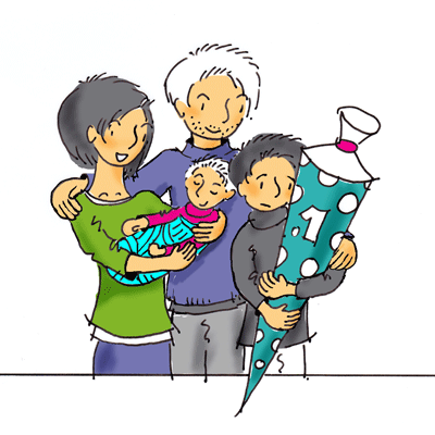 Illustration: Elternpaar mit Baby im Arm und ein ängstlich schauendes Kind mit Schultüte