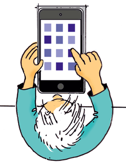 Illustration: Eine Person hält ein Handy und verwendet ein Programm darauf