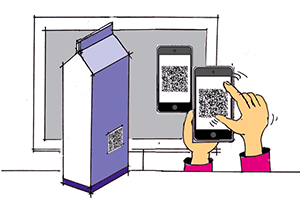 Illustration: QR-Code auf einem Bildschirm und auf einer Milchpackung. Die Codes werden mit einem Handy in Internet-Links verwandelt.