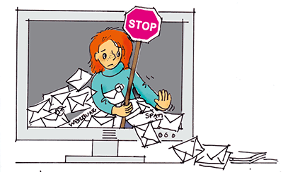 Illustration: Eine Frau verteidigt ihren Computer gegen Briefe, die sie nicht haben möchte.