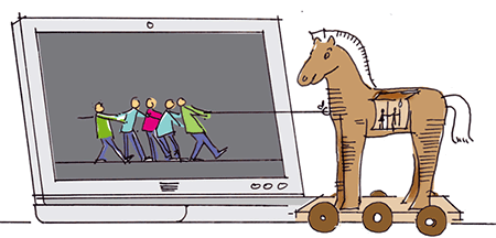 Symbolbild: Personen ziehen ein Trojanisches Pferd in einen Computer.