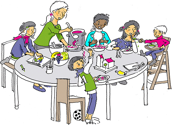 Illustration: Spielende, bastelnde und essende Kinder und eine Betreuerin, die hilft