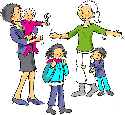 Illustration: Mutter, Pflegeperson und Kinder verschiedener Altersstufen