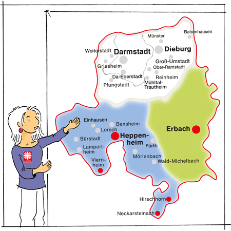 Illustration: Karte mit den Regionen, in denen wir Kindertagespflege vermitteln: Viernheim Heppenheim, Odenwaldkreis und Hessisches Neckartal