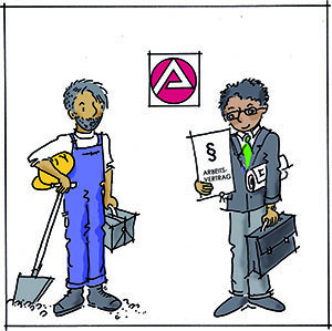 Illustration: Ein Arbeit suchender Mensch fragt, wie er an einen Arbeitsvertrag kommen kann
