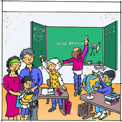 Illustration: Eine Schulklasse wird gezeigt, in welcher Kinder unterschiedliche Dinge tun. Ein Kind schreibt auf die Tafel: „Schule ist schön“.