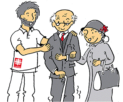 Illustration: Ein Mitarbeiter der Caritas hilft einem älteen Paar, bei dem der Mnn nur Pflegestufe 1 braucht