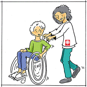 Illustration: Eine Caritas-Mitabeiterin bewegt einen jüngeren Menschen mit einem Rollstuhl
