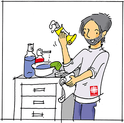 Illustration: Ein Caritas-Mitarbeiter pflegt mit Waschschüssel, Creme und Tüchern