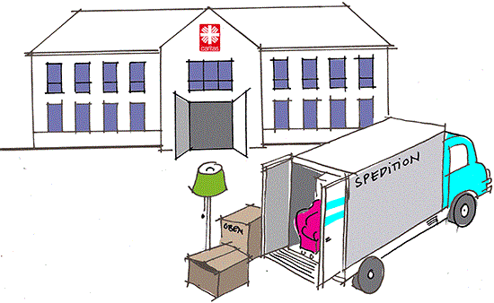 Illustration: Ein Möbelwagen liefert die persönlichen Sachen eines neuen Heimbewohners an einem Heim an