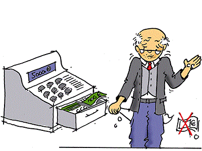 Illustration: Ein älterer Mensch muss eine hohe Rechnung bezahlen, hat aber kein Geld dafür