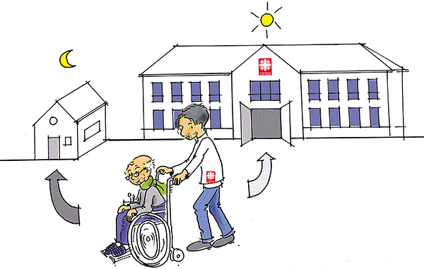 Illustration: Ein älterer Mensch wird am Tag zur Tagespflege gebracht und am Abend wieder nach Hause gebracht
