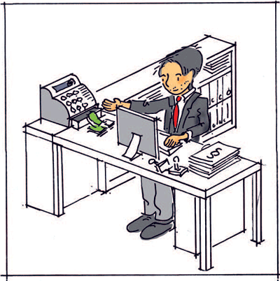 Illustration: Ein Mann mit Gesetzen, einem Computer und einer Kasse