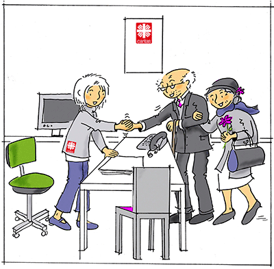 Illustration zu Beratung: Eine Caritas-Mitarbeiterin empfängt ein älteres Paar in einem Caritas-Büro
