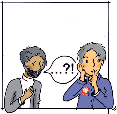 Illustration: Eine Person der Caritas hört einem Mann zu und zeigt, dass sie über das Gehörte nicht reden wird