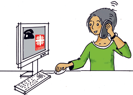 Illustration: Eine Caritas·mitarbeiterin sitzt an einem Computer und telefoniert mit einer Person, die Hilfe braucht