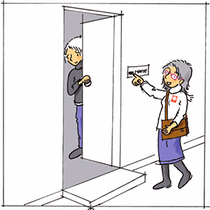 Illustration: Eine Frau von der Caritas klingelt an einer Wohnungstür, eine andere Frau öffnet ihr