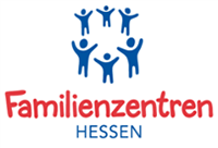 Logo der Familienzentren Hessen mit Schriftzug und stilisierten Menschen, groß und klein, die im Kreis tanzen