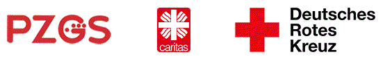 Logos der Organisationen PZGS, Caritas und Deutsches Rotes Kreuz