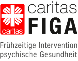 Logo mit Caritas Flammenkreuz und dem Schriftzug Frühzeitige Intervention psychische Gesundheit