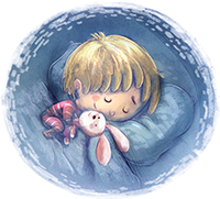 Illustration schlafendes Kind mit Häschen im Arm