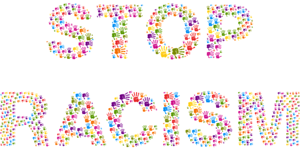 STOP RACISM Grafik: Aus bunten Handabdrücken geformter Schriftzug Stop Racism