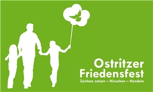 Logo: Schattenbild einer Familie, auf dem Luftballon des Kindes ist eine Friedenstaube zu sehen