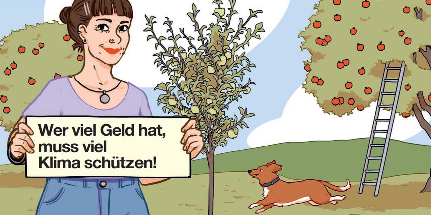 Jenny hält ein Schild hoch, sie fordert von reichen Menschen, dass sie das Klima stärker schützen sollen..