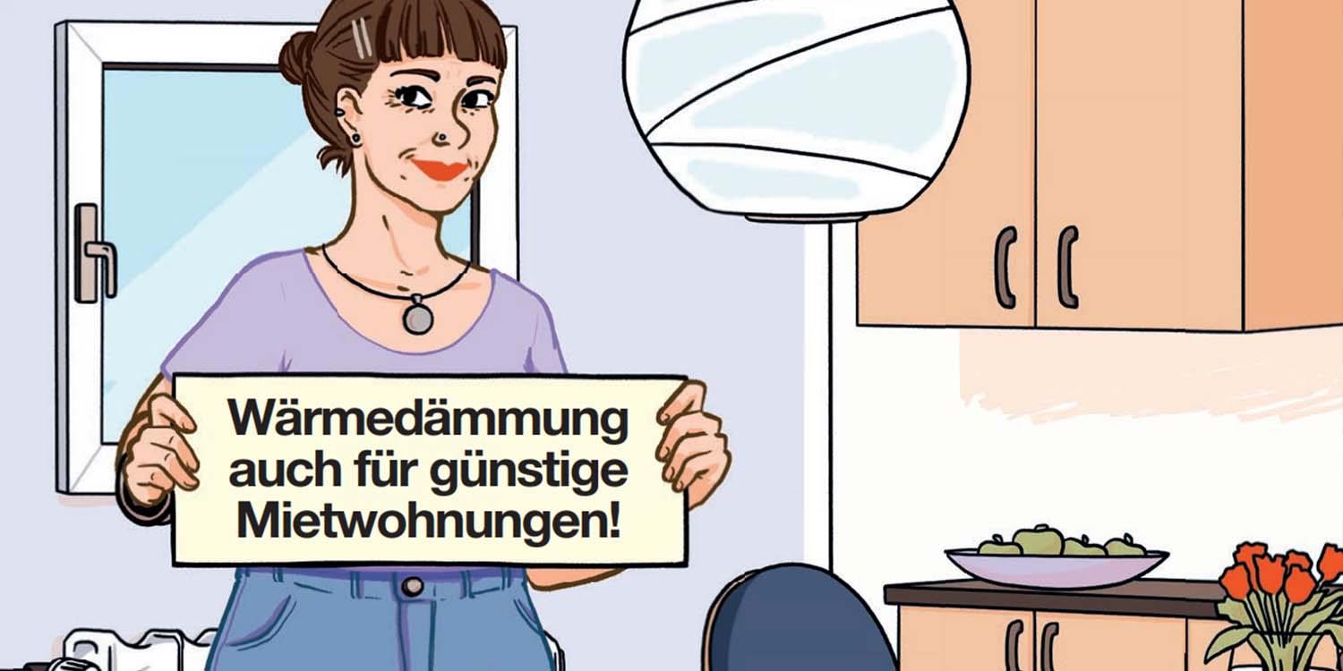 Jenny hält ein Schild hoch, sie fordert Wärmedämmung in Sozialwohnungen.