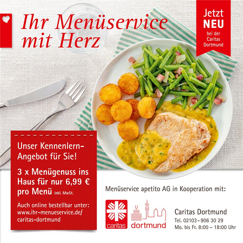 Auf einem Teller ist ein Menü angerichtet, darübers teht "Ihr Menüdienst mit Herz"