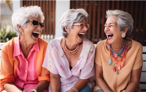 Drei ältere Frauen sitzen auf einer Bank und lachen miteinander.