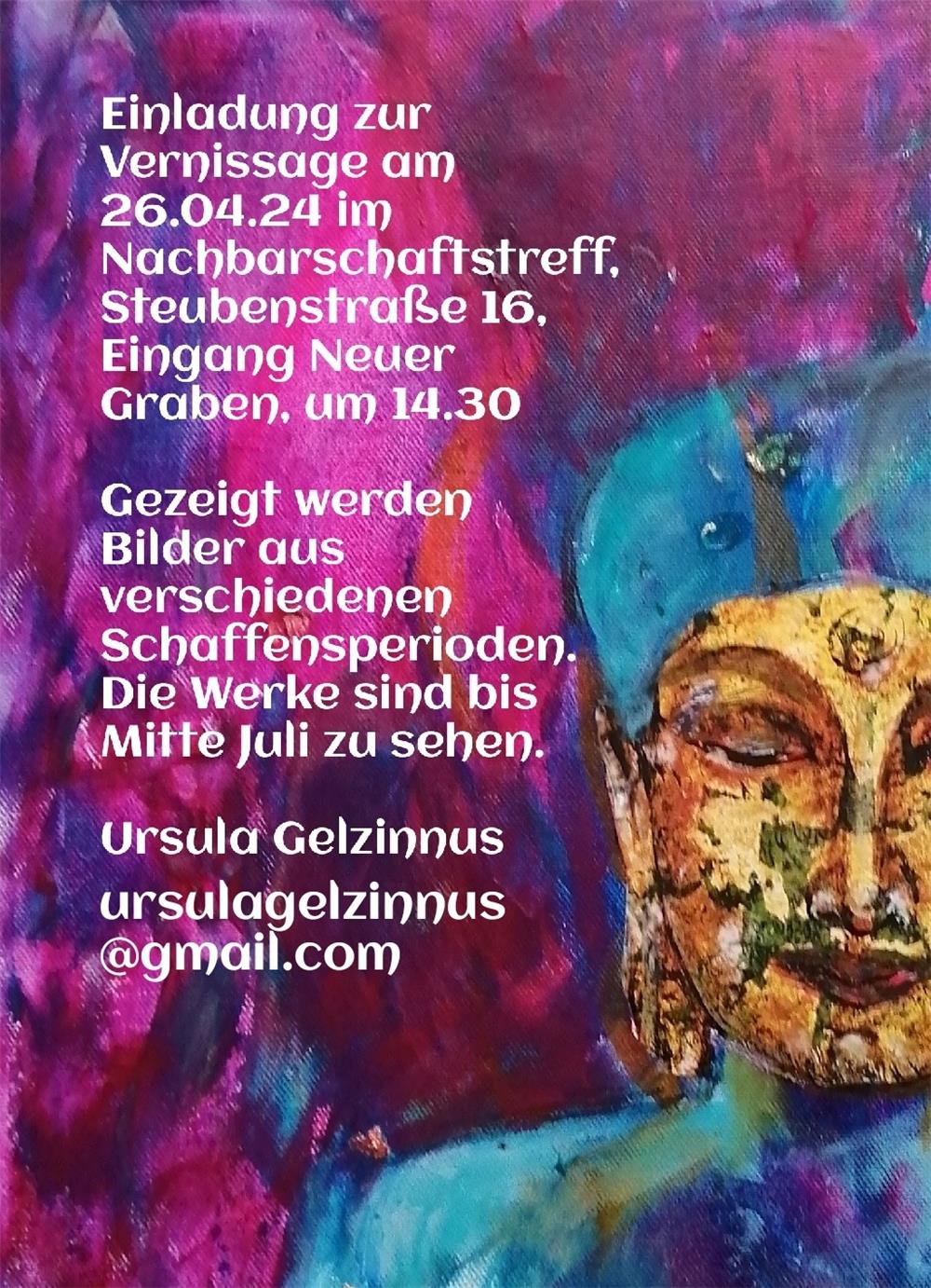 Plakat auf dem zu einer Vernissage eingeladen wird.