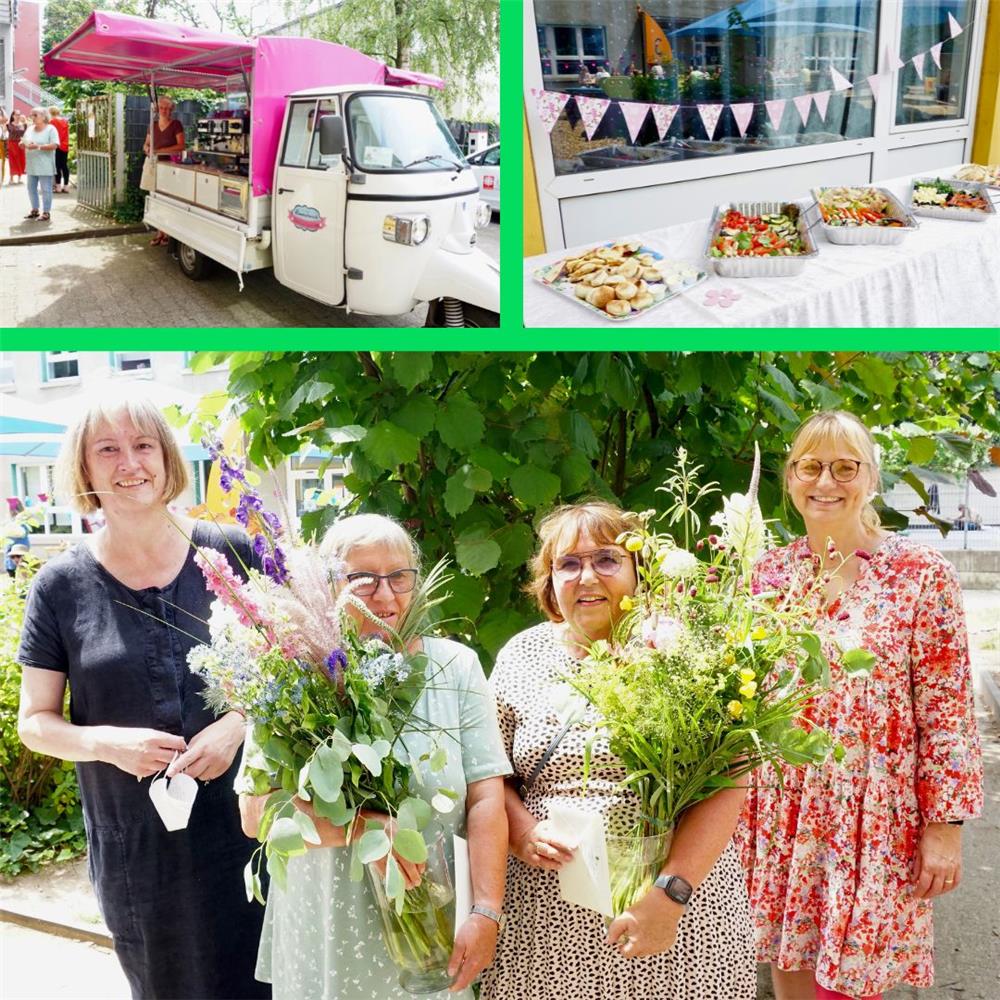 Collage aus drei Fotos: die beiden Einrichtungsleiterinnen neben den Mitarbeiterinnen mit riesigen Blumensträußen, ein Kaffee-Mobil und das Buffet