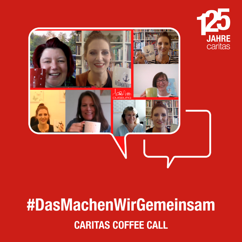 Collage von vier Screenshots von Videocalls, bei denen alle Beteiligten ihre Kaffeetasse in die Kamera halten