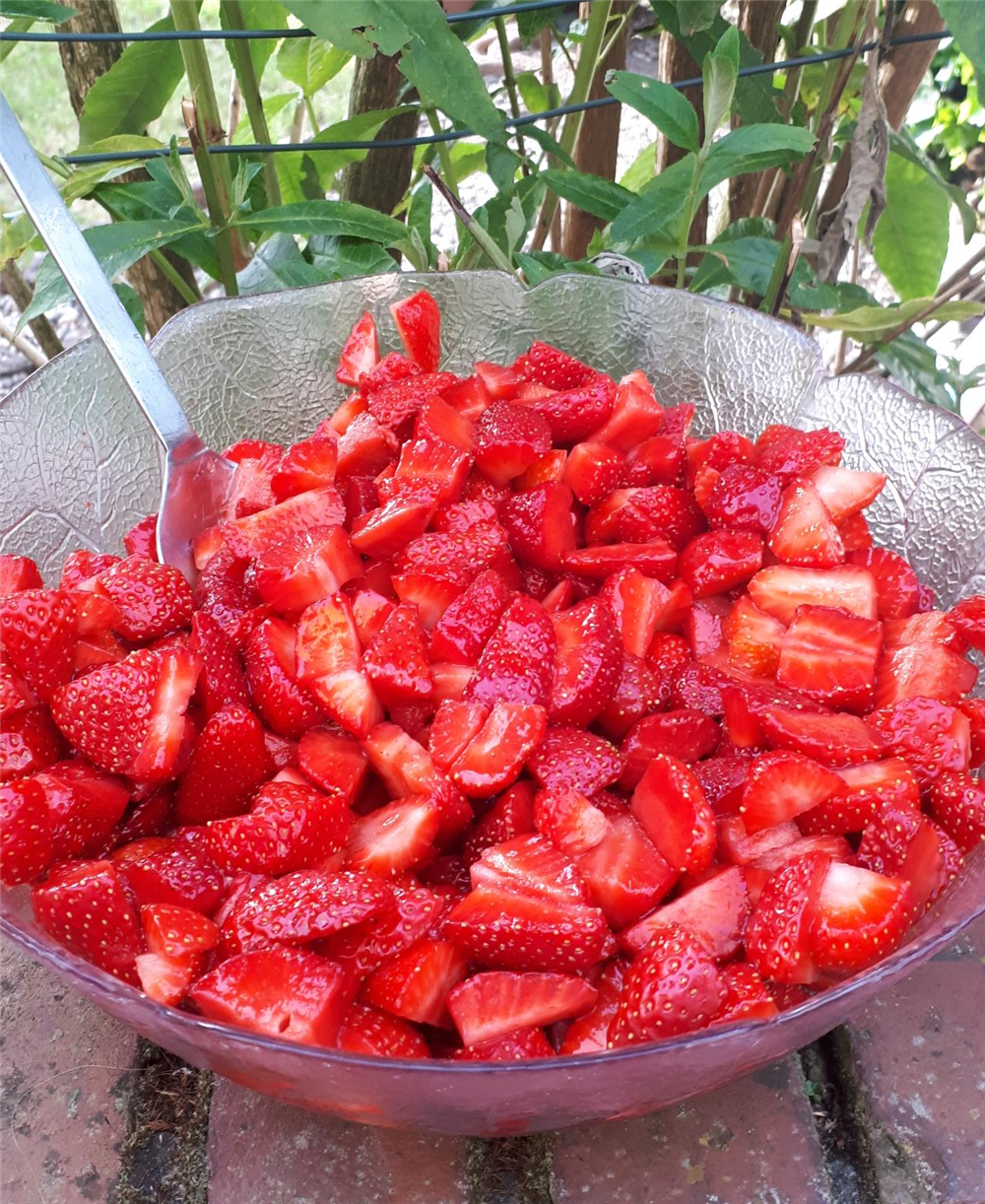 Große Schüssel voller geschnittener Erdbeeren