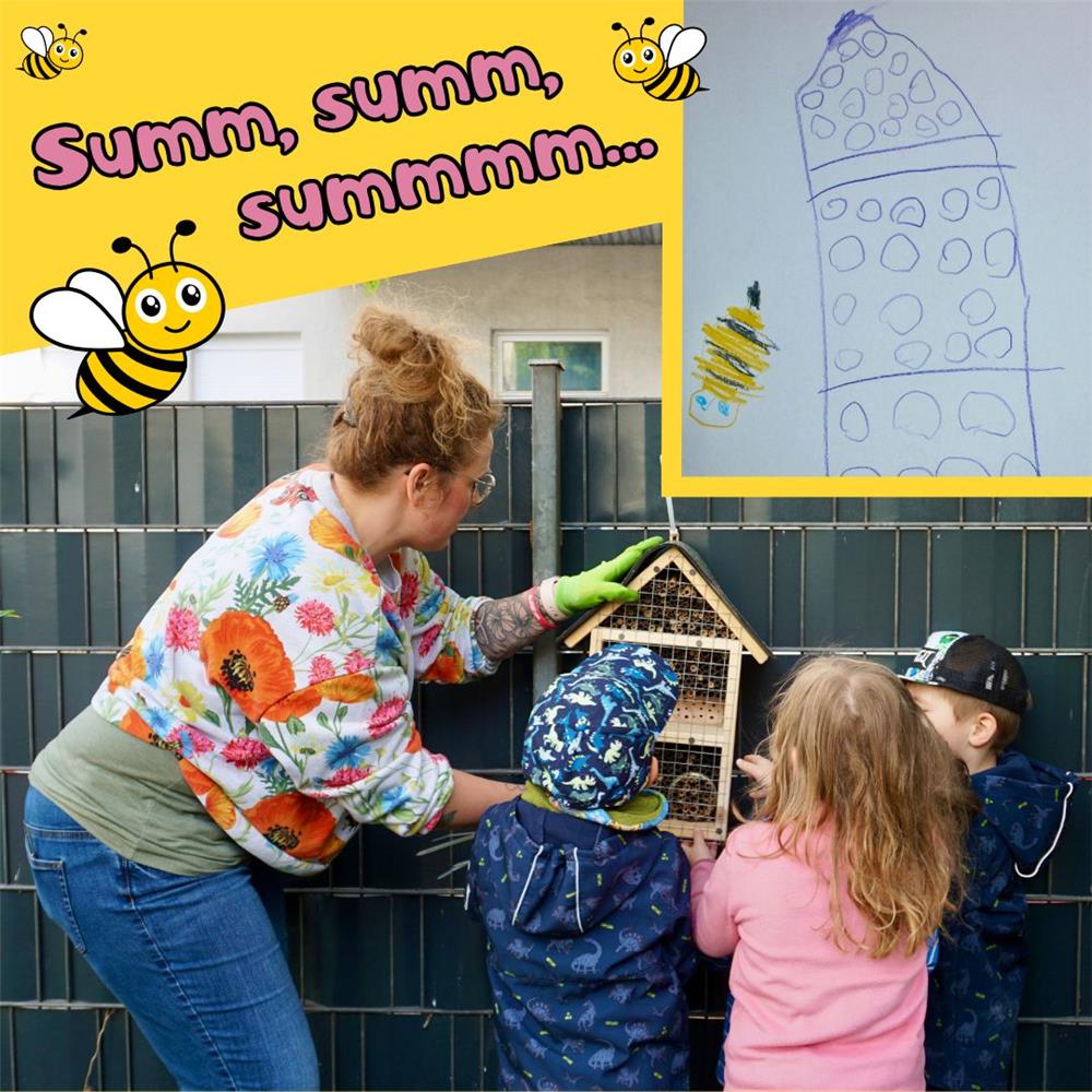 Collage: Einrichtungsleitung befestigt mit drei Kindern das Insektenhotel am Zaun, gemaltes Bild von Hotel mit Biene