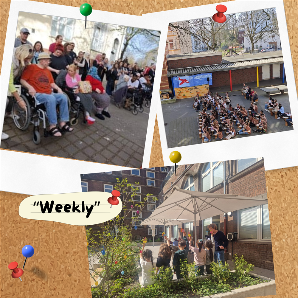 Die Bilder zeigen Senioren in Rollstühlen, die beim Abschluss der Projektwoche, den Schulkindern beim Trommeln zusehen