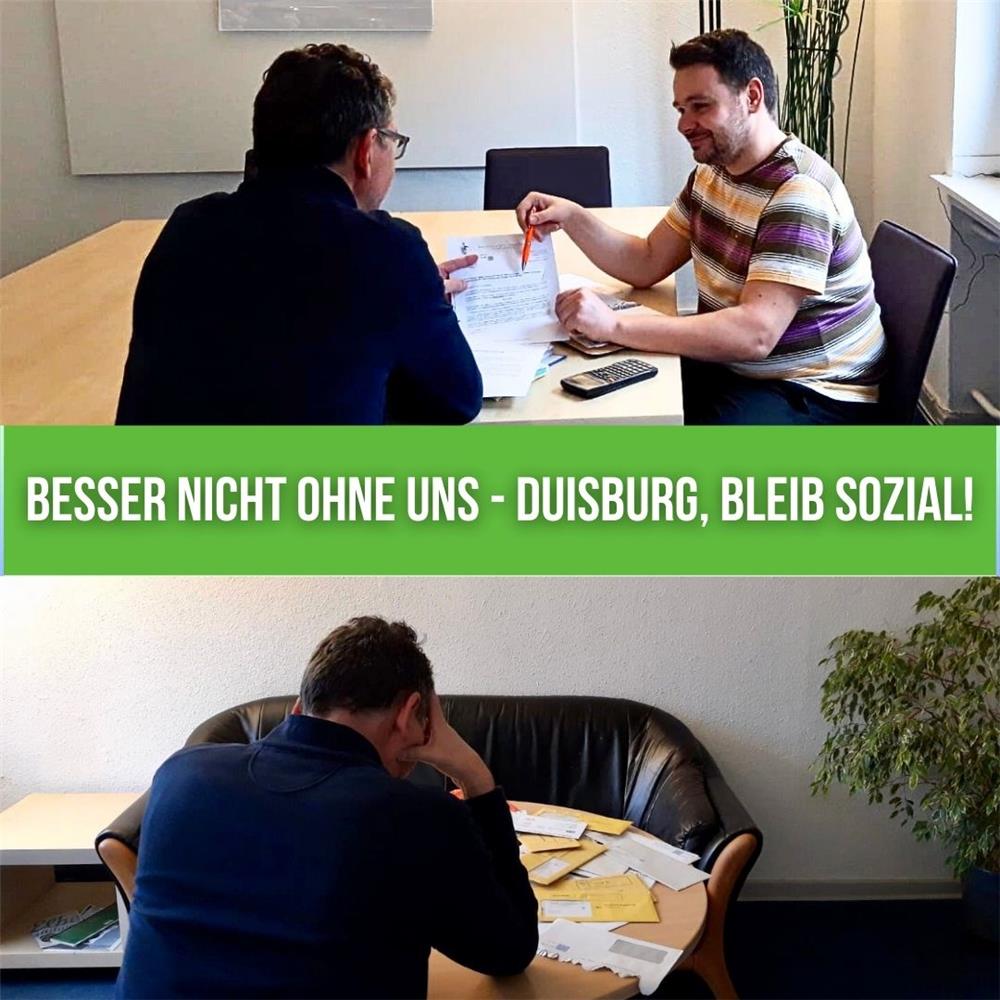 Oben ein Foto von einem Schuldner in Beratung mit einem Mitarbeiter, unten ein Foto mit dem verzweifelten Mann alleine vor seinen angehäuften Unterlagen