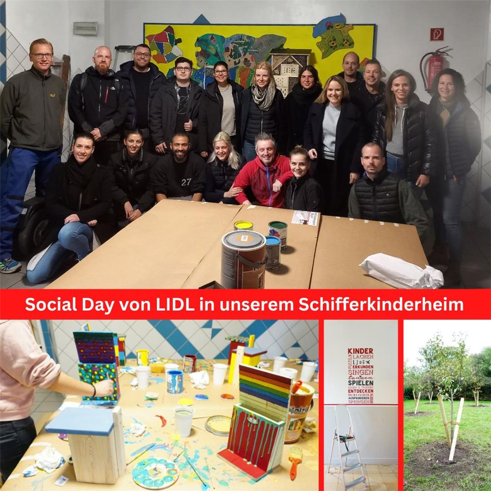 Collage aus vier Bildern: Das gesamte Lidl-Team, der Basteltisch mit Vogelhäuschen, ein Wandtattoo mit Leiter und die vier Bäume