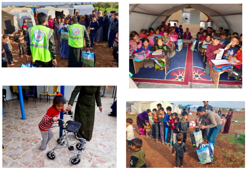 eine Fotocollage aus vier Bildern, die die Übergabe der Hilfsgüter in Syrien zeigen