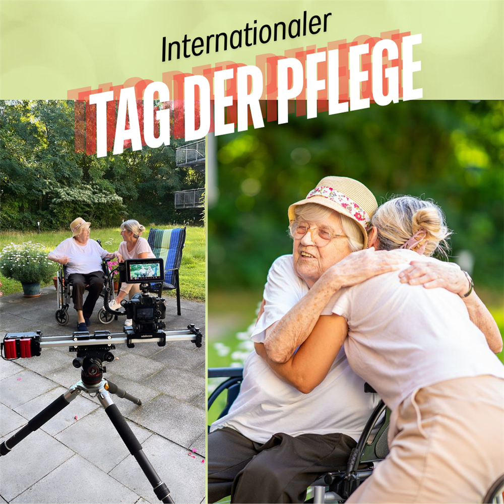 Collage aus zwei Fotos: Altenheimbewohnerin und Pflegerin sitzen auf der Terrasse, vor ihnen eine Kamera / beide umarmen sich