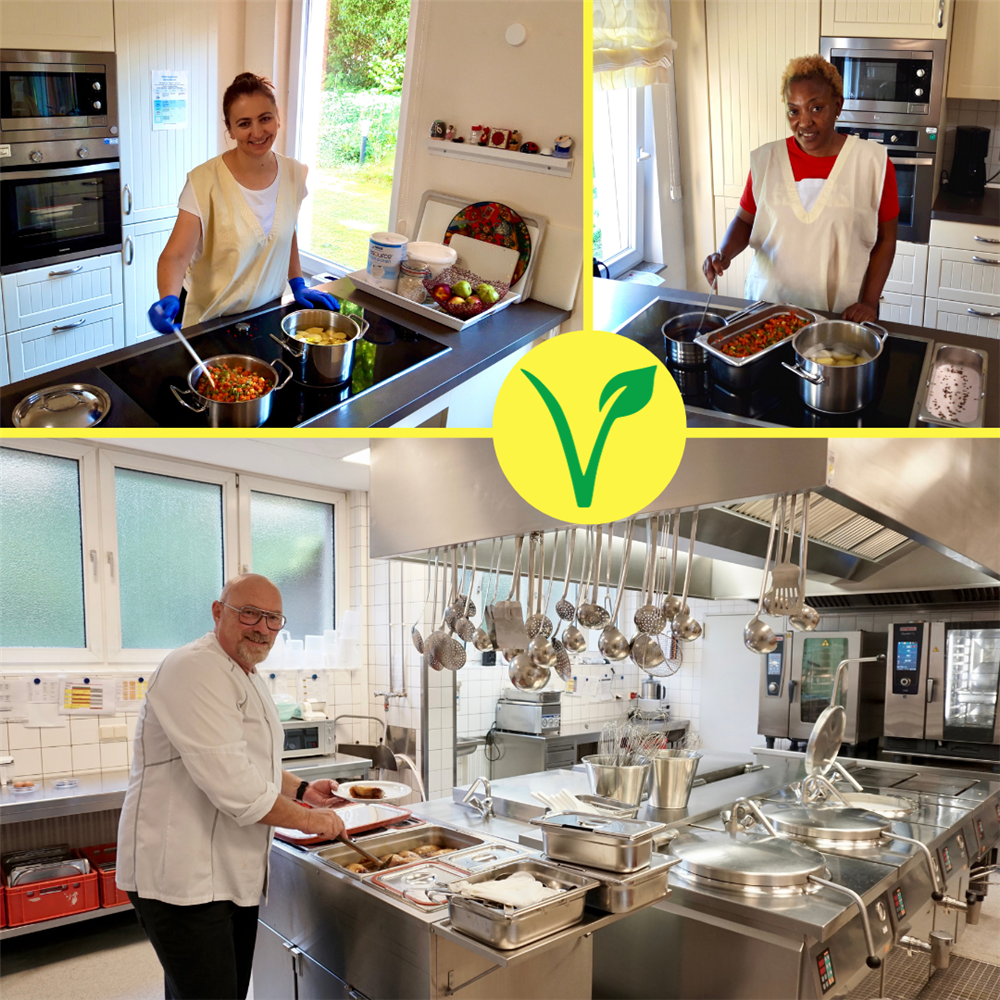 Collage: Küchenkräfte in den Wohngemeinschaftsküchen, Chefkoch in der Großküche